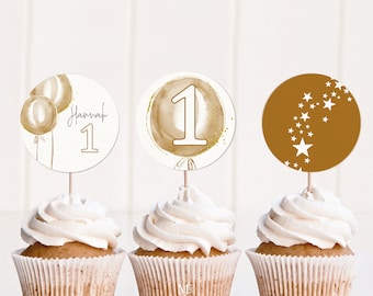 Printable Gold Balloon 1st Birthday Cupcake Topper , Round topper DIY Gender Neutral First Birthday cupcake toppers beige balloon garland