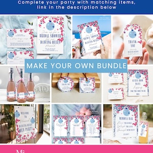 May include: A collection of printable party decorations for a bridal shower with a disco ball theme. The decorations include invitations, welcome signs, thank you tags, and a mimosa bar sign. The decorations are in blue, pink, and white with a disco ball graphic.