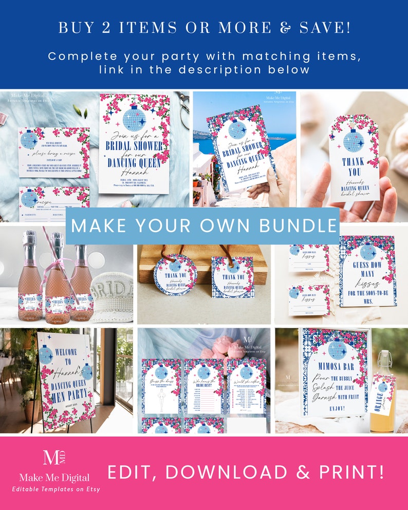 Dancing Queen Bridal Shower Invite Bundle, Greek Mamma Mia hen do set printable, recipe editable theatre movie bridal invitation suite image 6