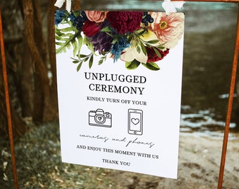 Burgundy Moody Floral Unplugged Wedding Ceremony Sign Moody Floral Printable no cameras and phones sign welcome sign, instant download 105