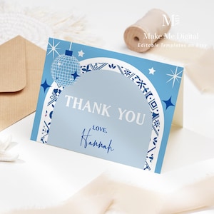 Thank you Dancing Queen Bridal Shower card, Greek Mamma Mia hen do thank you printable, bride thank editable blue tile santorini bach card