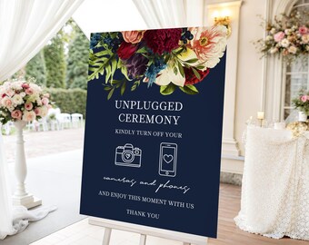 Burgundy & Navy Moody Floral Unplugged Wedding Ceremony Sign Floral Printable no cameras and phones sign welcome sign instant download 105