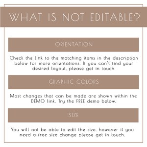 Op de afbeelding: Een grafiek met de tekst "WHAT IS NOT EDITABLE?" in een wit sans-serif lettertype op een bruine achtergrond. De grafiek somt drie categorie&euml;n op: Ori&euml;ntatie, Grafische kleuren en Grootte. Elke categorie heeft een beschrijving die uitlegt wat niet kan worden bewerkt.
