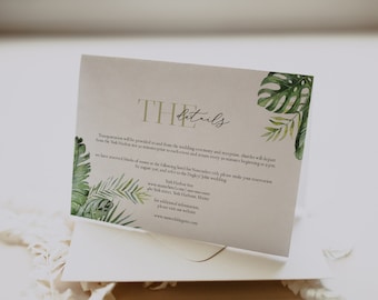 May include: A beige wedding invitation with green tropical leaves and gold lettering. The text reads "The Details" and includes information about transportation, hotel accommodation, and the wedding website.