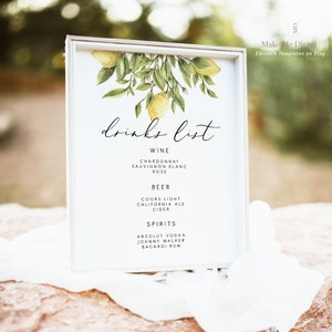 Letrero de lista de bebidas con limón amarillo, letrero de barra de bodas con limón moderno, letrero de menú de barra con lista de bebidas con cítricos amarillos, letreros de recuerdo imprimibles de verano 122