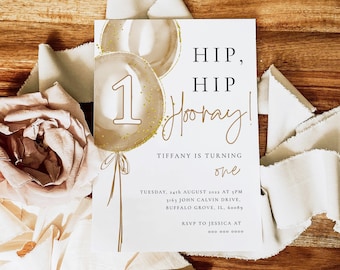 Gold Balloon First Birthday Invitation, Brown Earthy first Birthday invitation Hip hip hooray 1st birthday invite, gold balloon garland