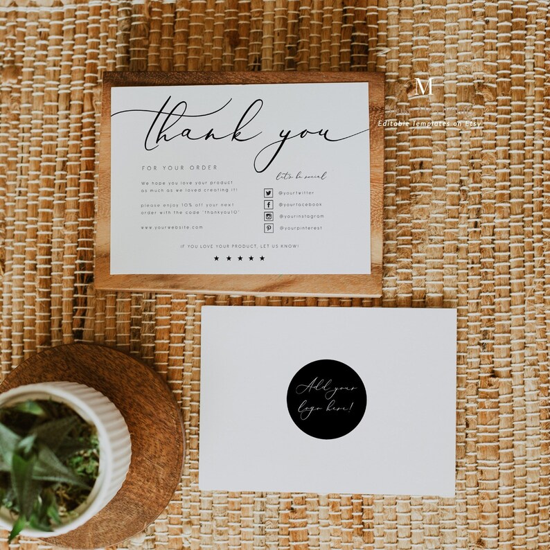 May include: A thank you card with a handwritten thank you message, a section for social media links, and a space to add a logo. The card is on a wooden background.