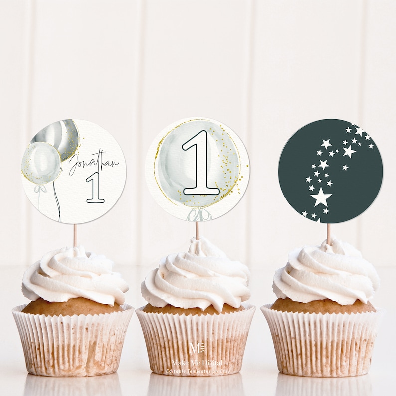Printable Blue Balloon 1st Birthday Cupcake Topper , Round Topper DIY ...