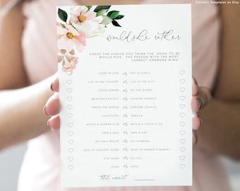 Pink Hydrangea floral Would she Rather Game, Bridal Shower Bride game Printable game template Bridal Shower Instant Download 116
