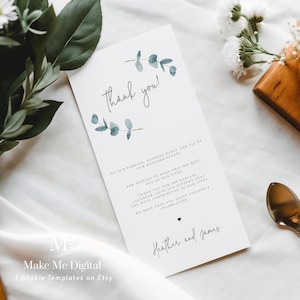 Biglietto di ringraziamento con eucalipto blu stampabile, modello di biglietto di ringraziamento per tavolo da matrimonio verde, grazie per decorazioni da tavolo, botanico 113