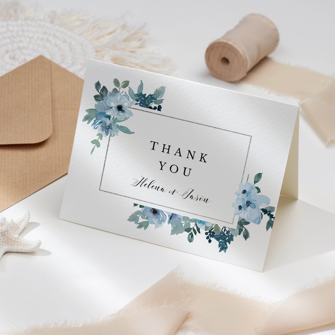 Blue Floral Wedding Thank You Card, Dusty Blue Thank You Template ...