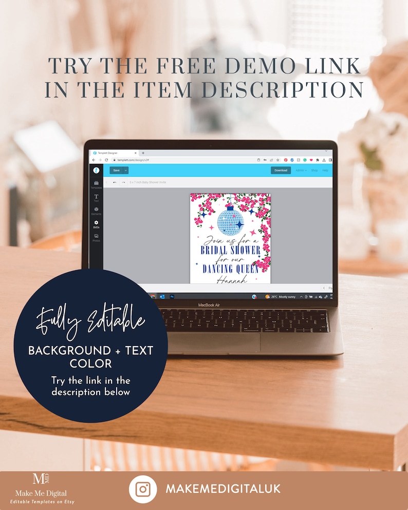 May include: A laptop screen displaying a digital invitation for a bridal shower. The invitation features a blue disco ball with pink flowers and the text "Join us for a Bridal Shower for our Dancing Queen Hannah".