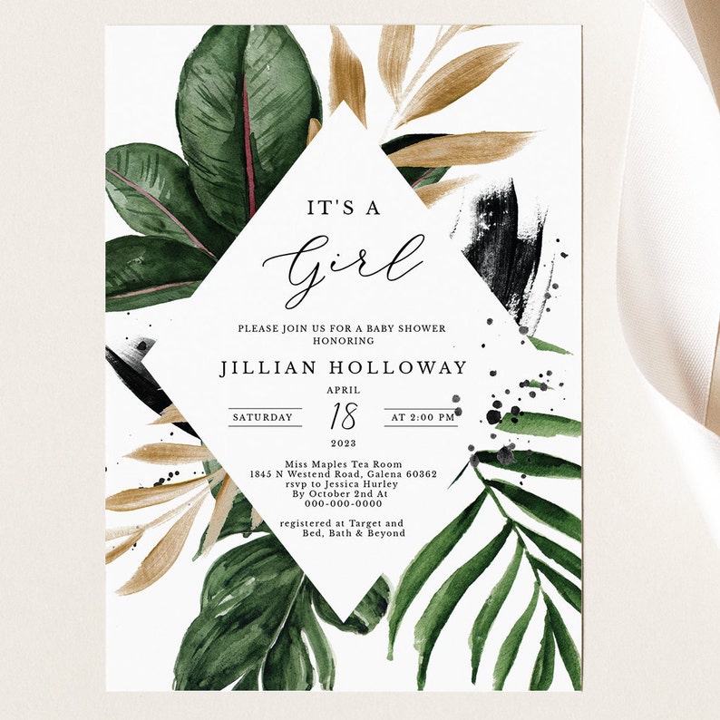 Tropical Baby Shower Invitation set Template banana leaf Editable palm leaf baby shower Invitation Printable Calligraphy shower 119 image 2