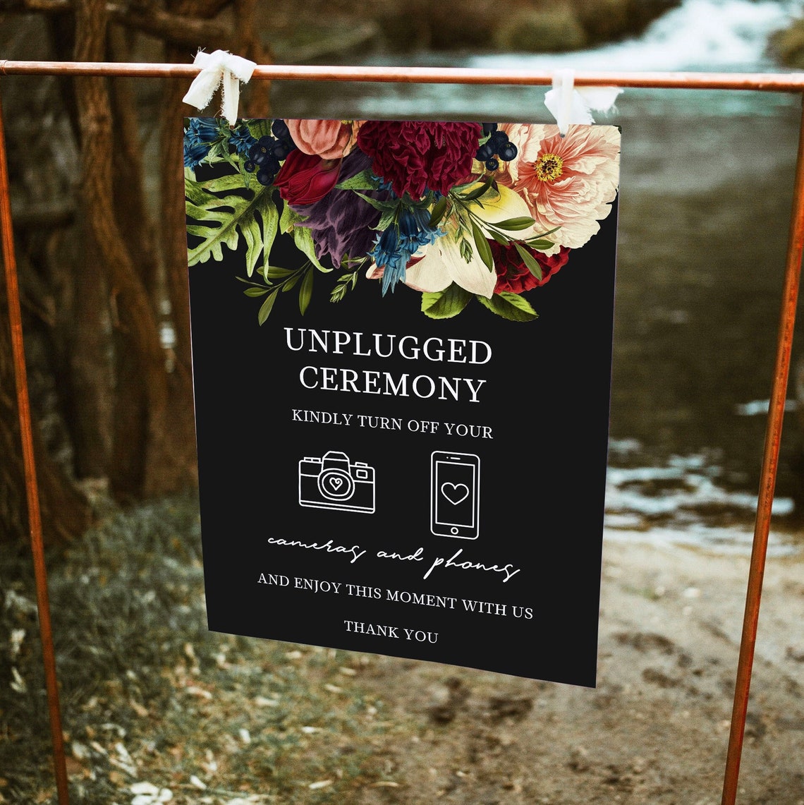 Black Burgundy Floral Unplugged Wedding Ceremony Sign Moody image 1