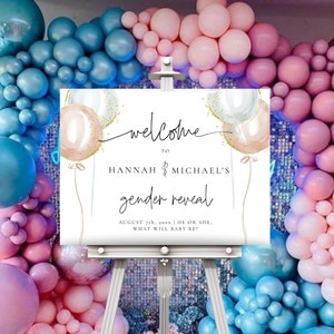 Balloon Gender Reveal Welcome Sign, Delicate pink & blue Welcome sign,Printable gender reveal welcome sign landscape balloon garland welcome