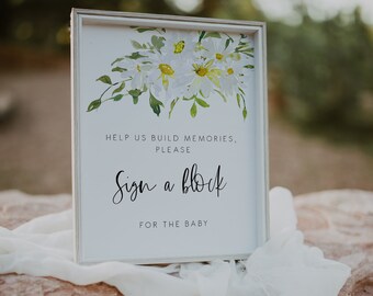 Daisy Sign a Block Baby Shower Sign | White floral Sign a Block Sign| White Daisy Baby Shower Keepsake sign | Gift Table Sign 121