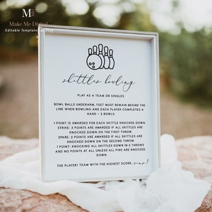 エレガントなカリグラフィー スキットルズ サイン、モダンな 10 ピン ボウリング ルール サイン、即時ダウンロード、結婚式のゲスト 芝生ゲーム スキットルズ ヤード サイン 110