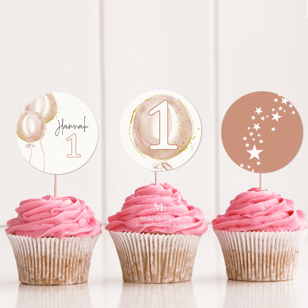 Printable Pink Balloon 1st Birthday Cupcake Topper, Round Cake Topper