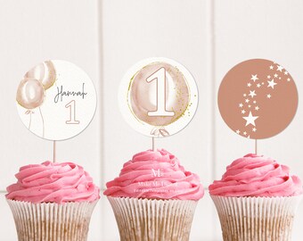 Printable Pink Balloon 1st Birthday Cupcake Topper, Round cake topper DIY First Birthday party cupcake toppers girl blush pink balloon