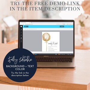 May include: A laptop computer screen displaying a digital invitation with a gold balloon and the text "ready to pop!" The invitation is for a baby shower. The text "Fully Editable" is on a blue circle in the lower left corner of the image.