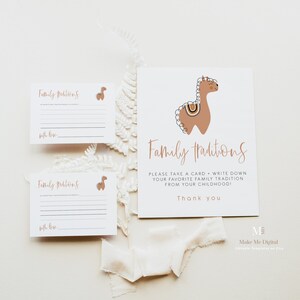 Boho Regenbogen Lama Familientraditionen Schild und Karte, Boho Alpaka Teilen eine Erinnerung zum Ausdrucken, Terrakotta Lama Dusche Kindheitserinnerung