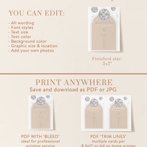 May include: Editable template for a "guess the dress" game. The template features a silhouette of a person with a disco ball graphic. The text "guess the dress" is written in a script font. The template is 5x7 inches and can be printed with or without bleed.