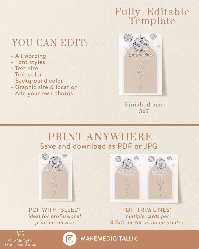 May include: Editable template for a "guess the dress" game. The template features a silhouette of a person with a disco ball graphic. The text "guess the dress" is written in a script font. The template is 5x7 inches and can be printed with or without bleed.