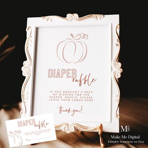 Enseigne de tombola orange citrouille couches, jeu de tombola Boho petite citrouille Baby Shower signe de tombola de couches imprimable automne baby shower et cartes modifiables