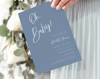 Faded Denim Baby Shower Invitation, Modern Blue Baby Shower invite Printable Shower invite Boho baby shower Dusty Blue calligraphy BL1