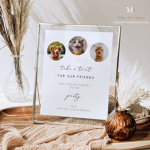 3 pet Personalised Pet Party Favor Wedding Sign,  Modern Wedding dog treat sign, Instant Download, add your own photo editable template 110