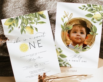 Jaune citron, elle est un modèle d'invitation, 1er anniversaire unisexe élégant d'été, premier anniversaire téléchargement immédiat modifiable 122