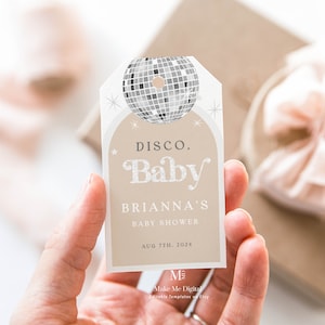 Disco Baby Favor Thank you tags, Silver glitter retro favor tags printable, editable arch baby shower disco ball 70s favour tags hippie DX