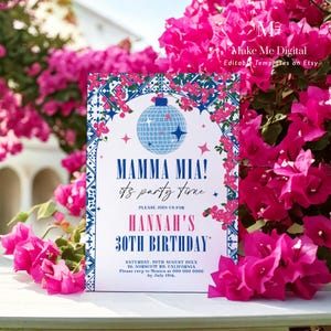 Modello di invito di compleanno a tema Mamma Mia, invito per il 30° compleanno, festa in Grecia, compleanno della regina danzante, Honey Honey, festa mediterranea
