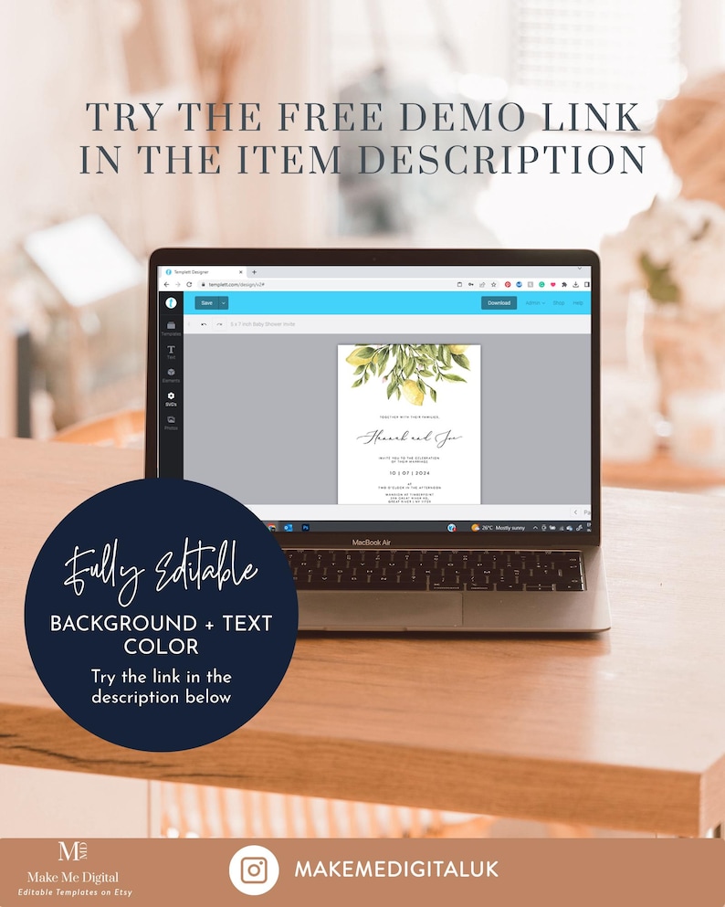 Lemon Wedding Double Sided Invitation citrus Invitation, Yellow lemon Wedding Invite Instant Download Editable yellow citrus information 122 image 3