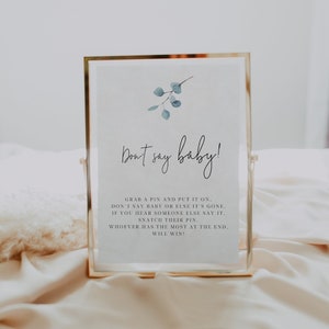 Eucalyptus Don&#39;t Say Baby Sign |  Greenery Eucalyptus Game sign | Baby Shower game Sign | Blue Eucalyptus baby game sign 113