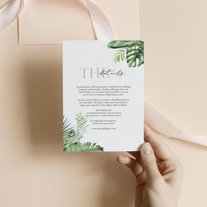 Elegant Tropical Wedding details card Template Portrait Wedding details card Editable Gold information card beach vertical details card 117