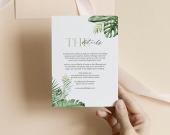 May include: A white card with green tropical leaves printed on it. The text on the card reads "The Details" and includes information about transportation, hotel accommodations, and a website for additional information.