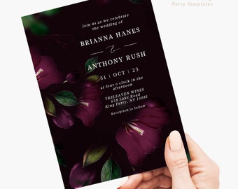 Gothic Wedding Invitation Template, Printable Halloween Wedding Invite Instant Download purple and black gothic wedding floral Wedding VE1