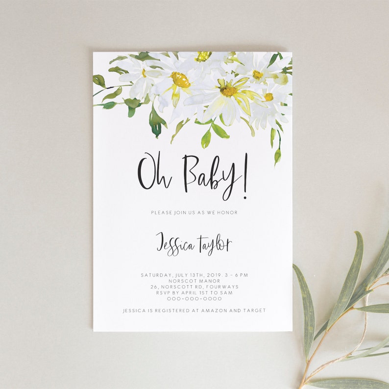 Daisy floral Baby Shower Invite, Baby Shower Invitation Template, Printable Editable white floral spring Baby Sprinkle, Instant Download 121 image 3