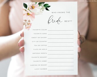 Pink Hydrangea floral Who Knows the Bride Best Game, Bridal Shower Bride game Printable game template Bridal Shower Instant Download 116