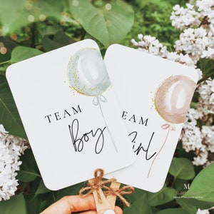 Blue and Pink Balloon Team Boy Team Girl Reveal Fans, Delicate gender reveal team fans, Printable boy or girl guess paddle, balloon garland