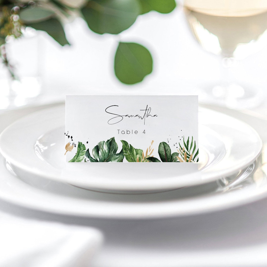 Tropical and Gold Place Cards Template | Place Card Printable Monstera ...