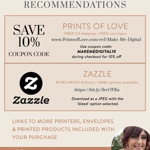 Puede incluir: Un gr&aacute;fico con recomendaciones de impresi&oacute;n para productos digitales. Incluye un c&oacute;digo de cup&oacute;n para un 10% de descuento en Prints of Love, un enlace a Zazzle y la informaci&oacute;n de contacto del vendedor.
