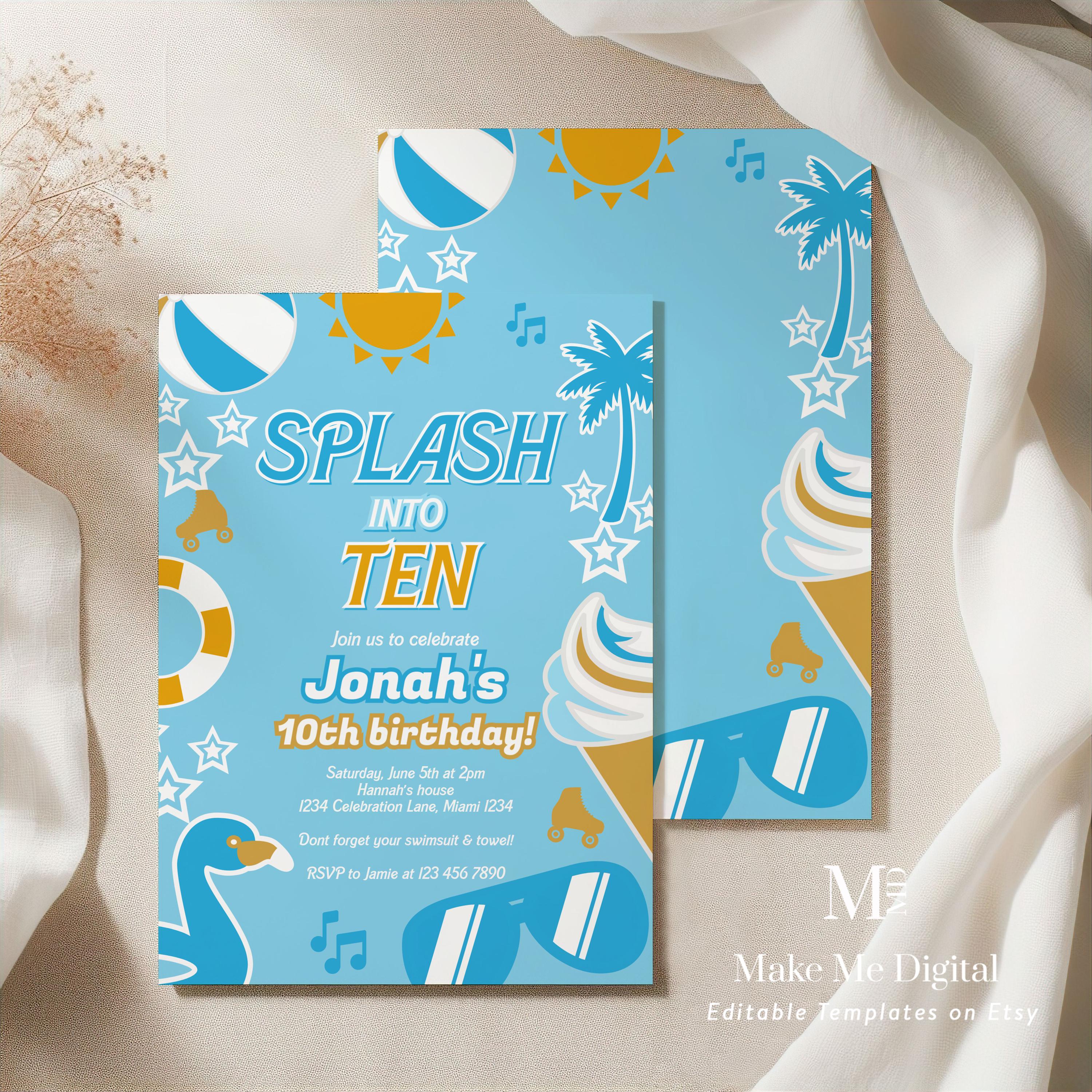 Splash Into Ten Pool Party Birthday Invitation, Blue 10th Birthday Kids ...