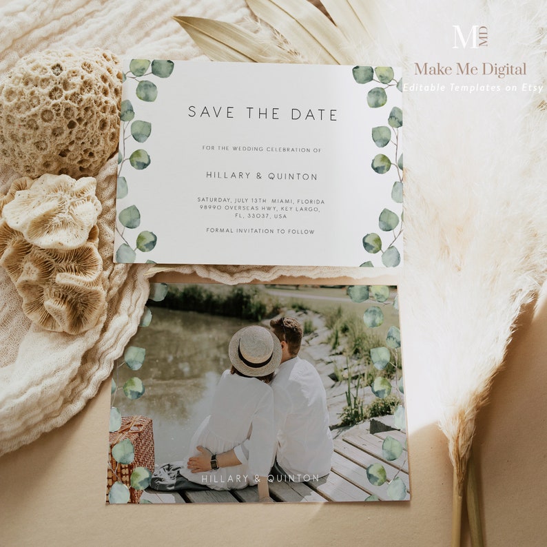 Eucalyptus Save the Date Template invitation, Silver dollar Save The Date Greenery, Printable Save The Date, Save the Date Editable 106 image 2