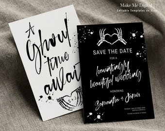 A hauntingly beautiful Save the date Invitation, Printable Halloween Wedding Invite Instant Download black skeleton heart gothic wedding SK1