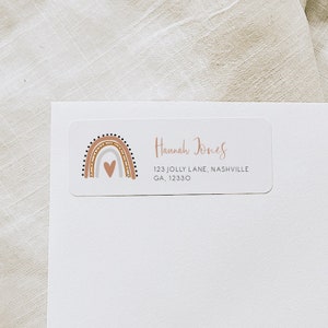 Sjabloon boho-retouradreslabel, terracotta regenboog retouradressticker afdrukbaar, gebrand oranje adreslabel DIY-babyshower BOBO