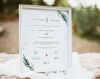 Christmas Pine Marriage Certificate, Festive green & gold marriage certificate keepsake, printable xmas, instant download gold pine