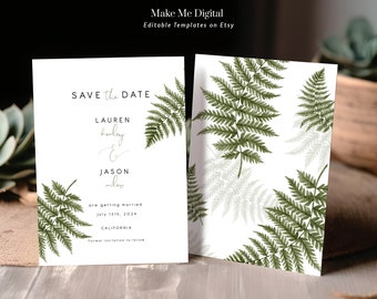 Green Fern guardar el anuncio de boda de fecha, invitación editable de helecho para guardar la fecha, invitación de boda de follaje verde, descarga instantánea 112