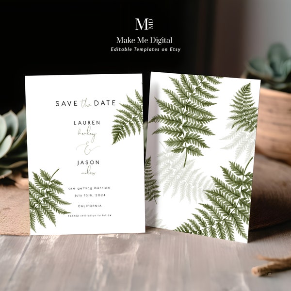 Green Fern save the date wedding announcement, editable fern save-the-date invitation, Greenery foliage wedding invite, instant download 112